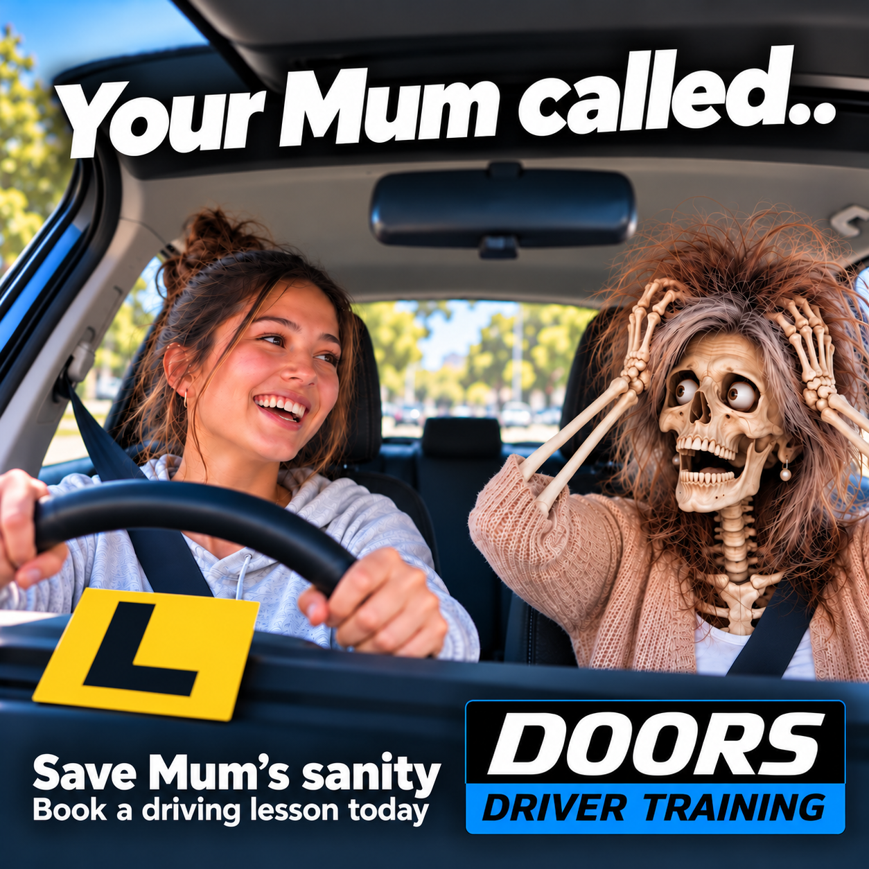 Learner driver smiling while Mum reacts humorously in the passenger seat